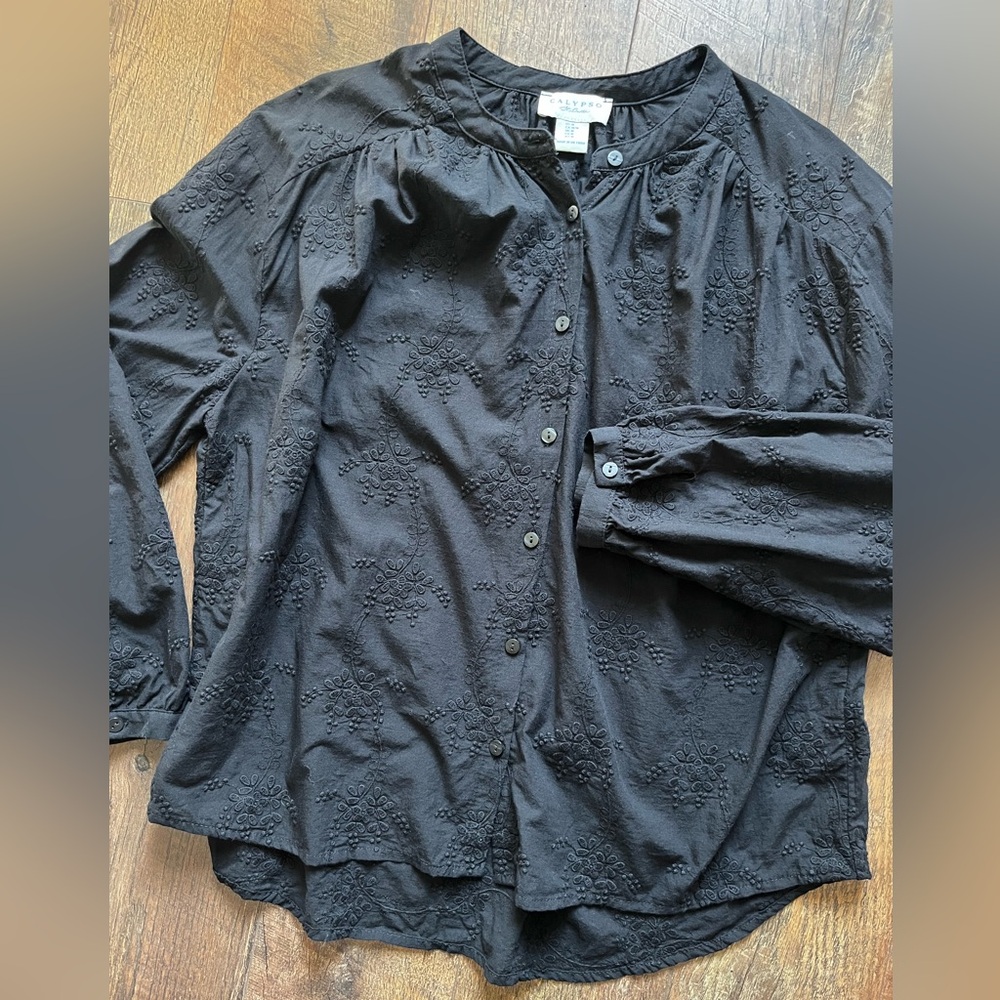 Calypso St. Barth Black Button-Up Embroidered Blouse